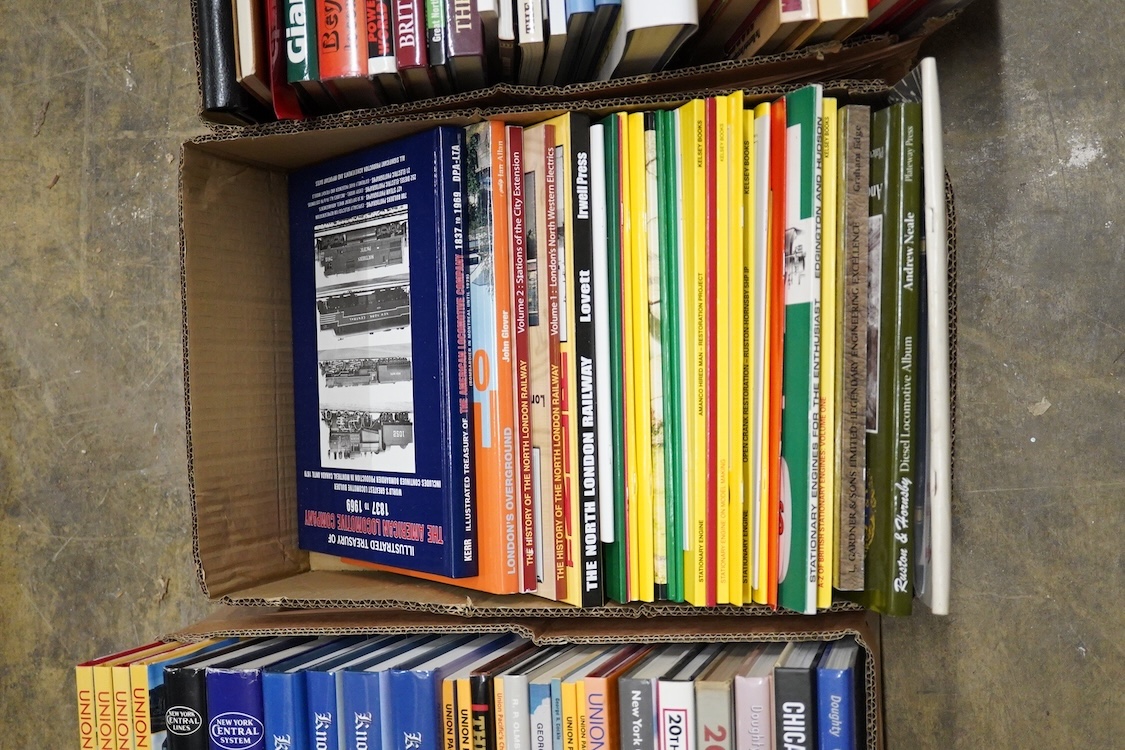 Five boxes of Railway related books, subjects include; the Railway Atlas of Scotland, the Highland Main Line, Chicago America’s Railroad Capital, Union Pacific, Indian Railways, etc., publishers include; New York Central
